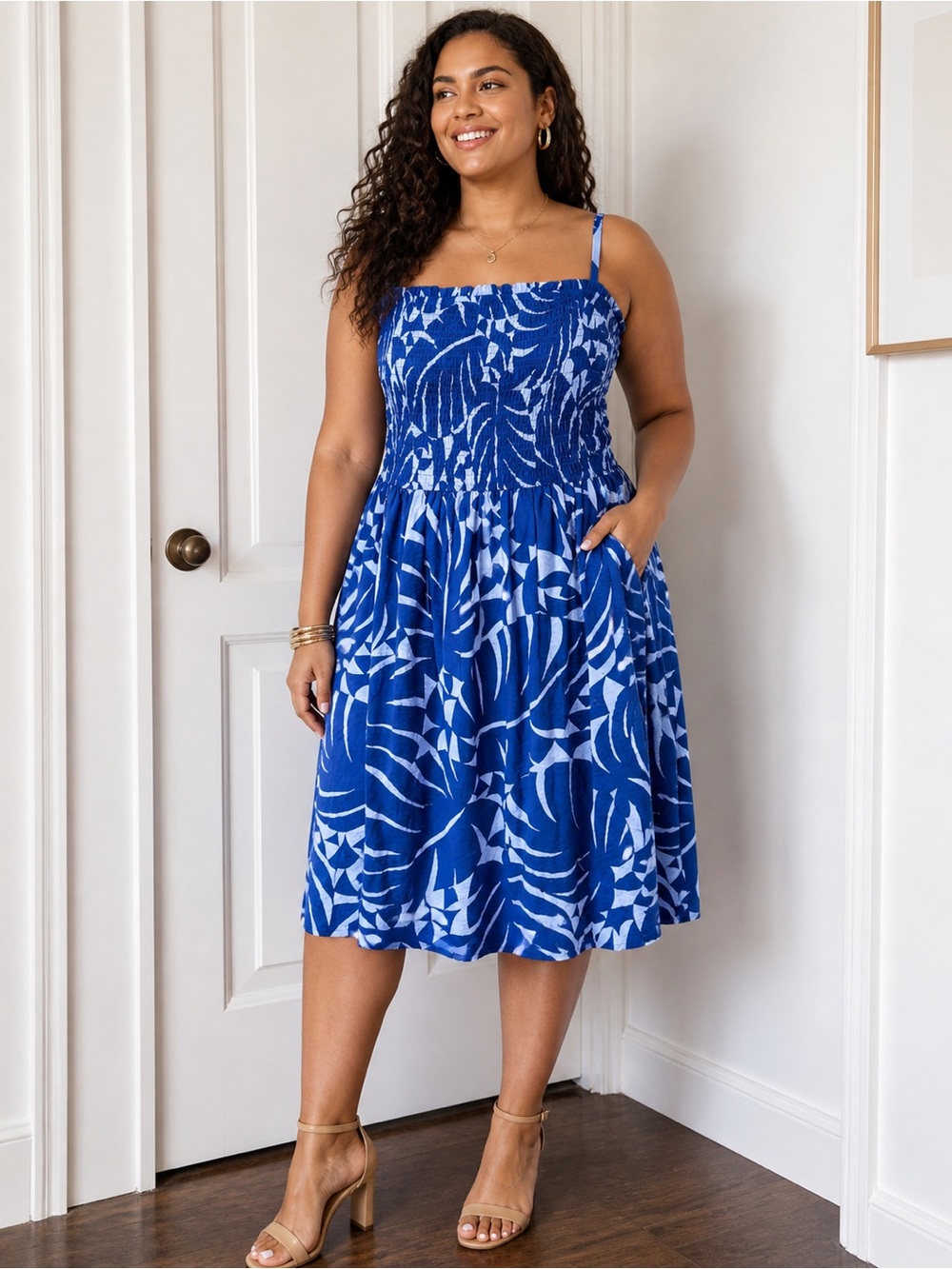 The General Good Blue Tropical Print Smocked Dress 2X Adjustable Straps